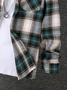 SHEIN Vacaura Tween Boy Plaid Patched Pocket Hooded Shirt Without Tee - Multicolor - View 5