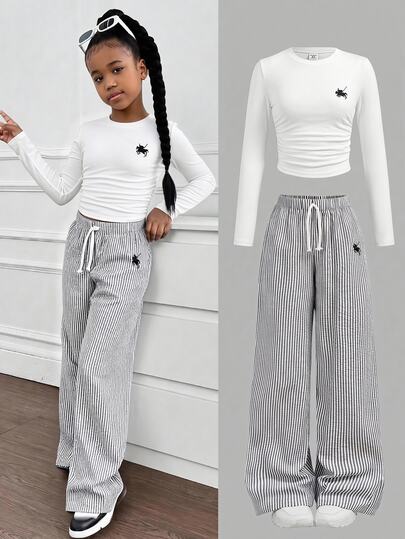 SHEIN Girlism Casual komplet dla dziewczynek tween: dzianinowy T-shirt z haftowanym wzorem i pasiaste spodnie