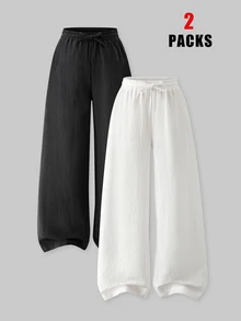 SHEIN Reset Phase Teen Girls 2 Pack Long Pants With Pockets Sweatpants Cotton Back To School Clothes Black Summer Baggy Cute White Beach Senior 2027 Work Formal - Black and White - View 4
