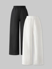 SHEIN Reset Phase Teen Girls 2 Pack Long Pants With Pockets Sweatpants Cotton Back To School Clothes Black Summer Baggy Cute White Beach Senior 2027 Work Formal - Black and White - View 3