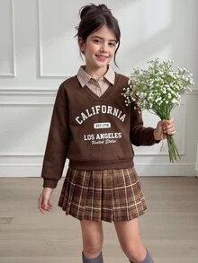 SHEIN 女童時尚寬鬆休閒可愛 80 年代翻領上衣 2 合 1 設計 + 條紋格紋百搭裙，學院風校園校外穿搭 白色格紋 秋季 - 棕色 - 查看 2