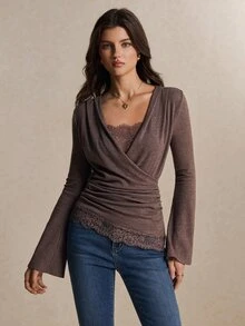 Poéselle Women's Lace Trim Wrap Top, Deep V Neck Ruched Fitted Bell Sleeve Cotton Blend Blouse, Fall Winter Going Out Brunch Office For Thanksgiving Elegant - Brown - View 6