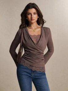 Poéselle Women's Lace Trim Wrap Top, Deep V Neck Ruched Fitted Bell Sleeve Cotton Blend Blouse, Fall Winter Going Out Brunch Office For Thanksgiving Elegant - Brown - View 4