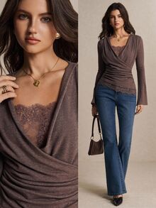 Poéselle Women's Lace Trim Wrap Top, Deep V Neck Ruched Fitted Bell Sleeve Cotton Blend Blouse, Fall Winter Going Out Brunch Office For Thanksgiving Elegant - Brown - View 3