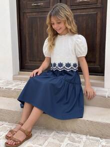 SHEIN Tween Girls 2pcs/Set Zhongda Children's Spring And Summer Korean Edition Fashion Short Sleeved Forest Style Western Style, Casual - Blue - View 6