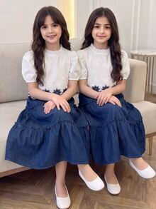 SHEIN Tween Girls 2pcs/Set Zhongda Children's Spring And Summer Korean Edition Fashion Short Sleeved Forest Style Western Style, Casual - Blue - View 3