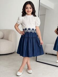 SHEIN Tween Girls 2pcs/Set Zhongda Children's Spring And Summer Korean Edition Fashion Short Sleeved Forest Style Western Style, Casual - Blue - View 2