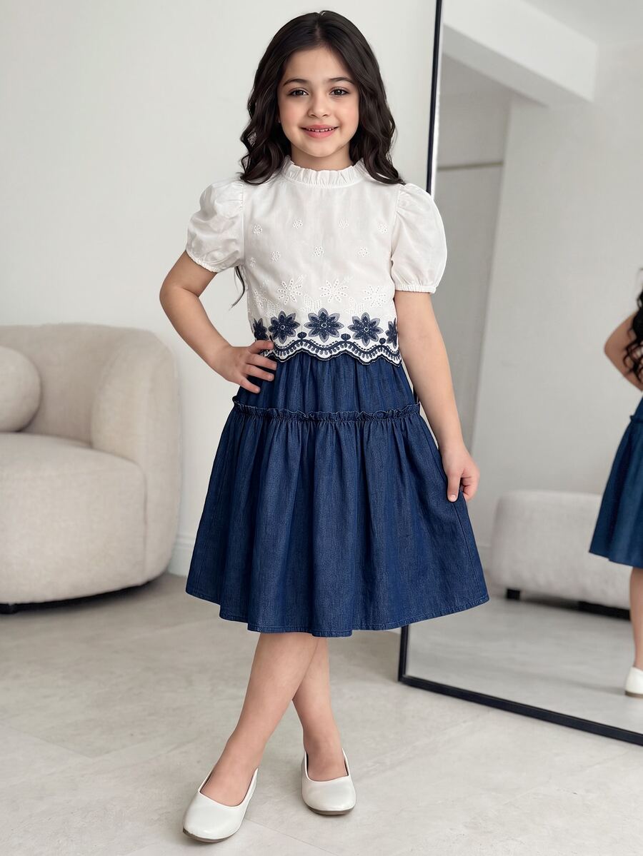 SHEIN Tween Girls 2pcs/Set Zhongda Children's Spring And Summer Korean Edition Fashion Short Sleeved Forest Style Western Style, Casual