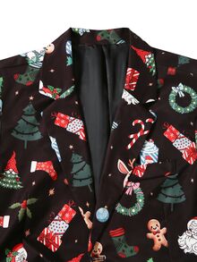 Manfinity Mode Men's Formal Black Christmas Reindeer Hat Print Suit Set, Autumn/Winter Four Seasons Holiday Atmosphere - Black - View 3