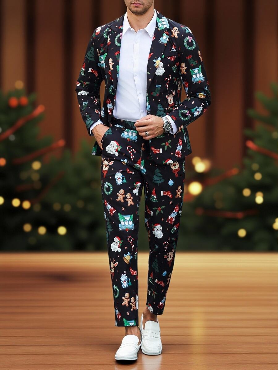 Manfinity Mode Men's Formal Black Christmas Reindeer Hat Print Suit Set, Autumn/Winter Four Seasons Holiday Atmosphere - Black - View 1