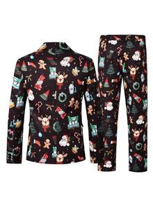 Manfinity Mode Men's Formal Black Christmas Reindeer Hat Print Suit Set, Autumn/Winter Four Seasons Holiday Atmosphere - Black - View 2