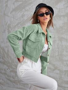 Seusyu Flap Pocket Drop Shoulder Corduroy Jacket Fall Winter Cloth For Women - Mint Green - View 3
