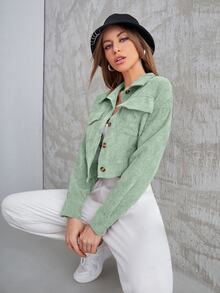 Seusyu Flap Pocket Drop Shoulder Corduroy Jacket Fall Winter Cloth For Women - Mint Green - View 4