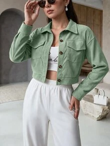 Seusyu Flap Pocket Drop Shoulder Corduroy Jacket Fall Winter Cloth For Women - Mint Green - View 1
