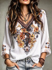 Linhara Plus Size Women's Embroidered Notch V-Neck Rolled Sleeve Casual Shirt Fall - Multicolor - View 1