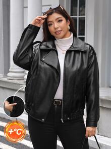 SHEIN LUNE Plus Size Women's Solid Color PU Leather Casual Versatile Everyday Jacket Winter - Black - View 1