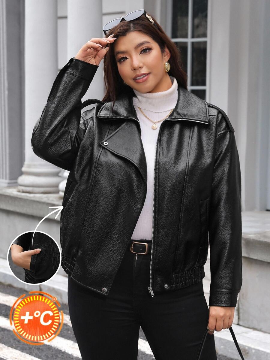SHEIN LUNE Plus Size Women's Solid Color PU Leather Casual Versatile Everyday Jacket Winter - Black - View 1