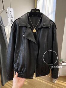 SHEIN LUNE Plus Size Women's Solid Color PU Leather Casual Versatile Everyday Jacket Winter - Black - View 11
