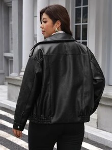 SHEIN LUNE Plus Size Women's Solid Color PU Leather Casual Versatile Everyday Jacket Winter - Black - View 7