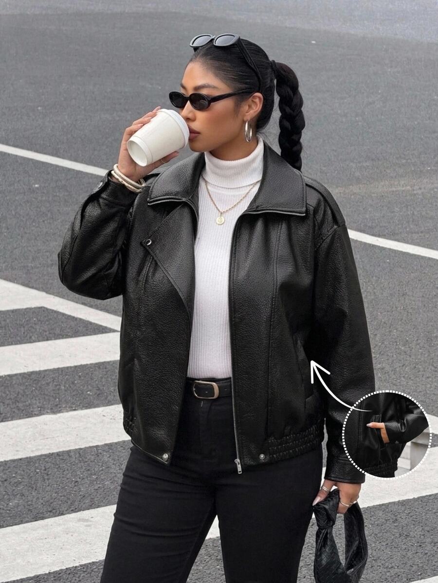 SHEIN LUNE Plus Size Women's Solid Color PU Leather Casual Versatile Everyday Jacket Winter - Black - View 1