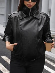 SHEIN LUNE Plus Size Women's Solid Color PU Leather Casual Versatile Everyday Jacket Winter - Black - View 10