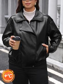 SHEIN LUNE Plus Size Women's Solid Color PU Leather Casual Versatile Everyday Jacket Winter - Black - View 9