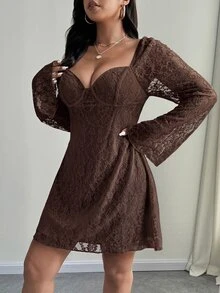 SHEIN Unity Plus Size Elegant White Lace Bell Sleeve Dress Autumn Cloth For Women Wedding Cocktail Date Night Fall - Coffee Brown - View 5