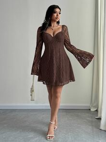 SHEIN Unity Plus Size Elegant White Lace Bell Sleeve Dress Autumn Cloth For Women Wedding Cocktail Date Night Fall - Coffee Brown - View 4