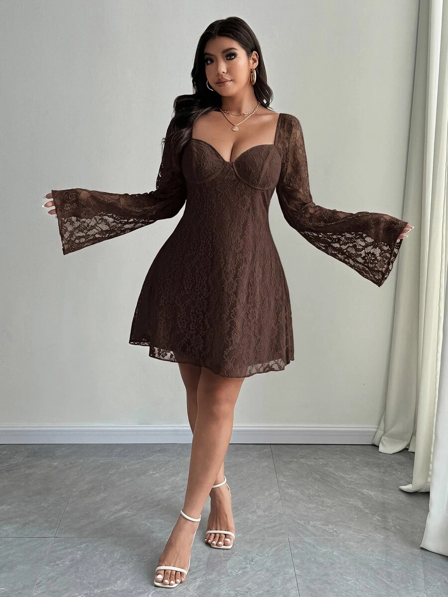 SHEIN Unity Plus Size Elegant White Lace Bell Sleeve Dress Autumn Cloth For Women Wedding Cocktail Date Night Fall - Coffee Brown - View 1