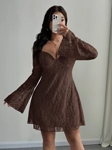SHEIN Unity Plus Size Elegant White Lace Bell Sleeve Dress Autumn Cloth For Women Wedding Cocktail Date Night Fall - Coffee Brown - View 2