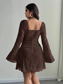 SHEIN Unity Plus Size Elegant White Lace Bell Sleeve Dress Autumn Cloth For Women Wedding Cocktail Date Night Fall - Coffee Brown - View 3