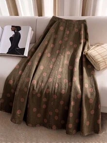 GlowEve CURVE Plus Size Women's Polka Dot Pattern Single-Breasted Casual Denim Skirt - Brown - View 3