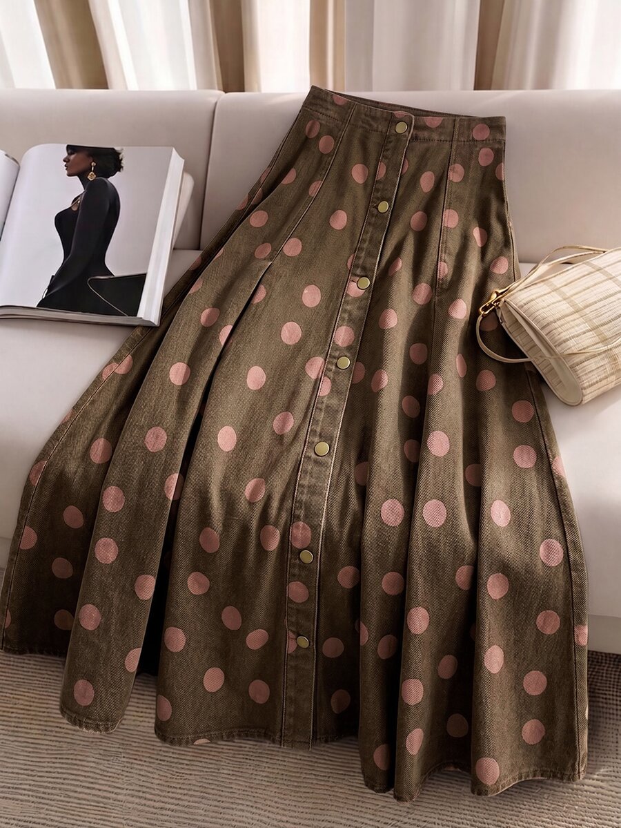 GlowEve CURVE Plus Size Women's Polka Dot Pattern Single-Breasted Casual Denim Skirt