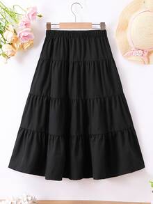 SHEIN Tween Girl Fashionable Solid Tiered Hem Skirt For Summer Autumn Fall, Holiday, Casual - Black - View 6