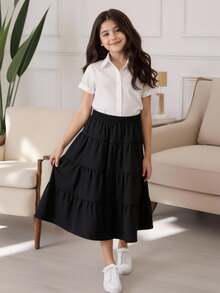 SHEIN Tween Girl Fashionable Solid Tiered Hem Skirt For Summer Autumn Fall, Holiday, Casual - Black - View 4