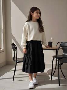 SHEIN Tween Girl Fashionable Solid Tiered Hem Skirt For Summer Autumn Fall, Holiday, Casual - Black - View 7