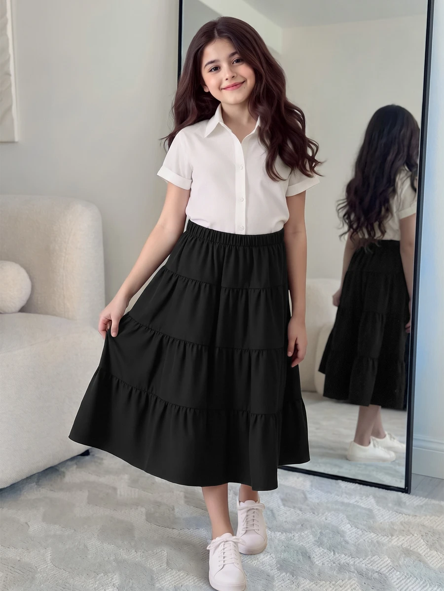 SHEIN Tween Girl Fashionable Solid Tiered Hem Skirt For Summer Autumn Fall, Holiday, Casual