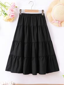 SHEIN Tween Girl Fashionable Solid Tiered Hem Skirt For Summer Autumn Fall, Holiday, Casual - Black - View 3