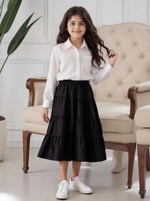 SHEIN Tween Girl Fashionable Solid Tiered Hem Skirt For Summer Autumn Fall, Holiday, Casual - Black - View 11