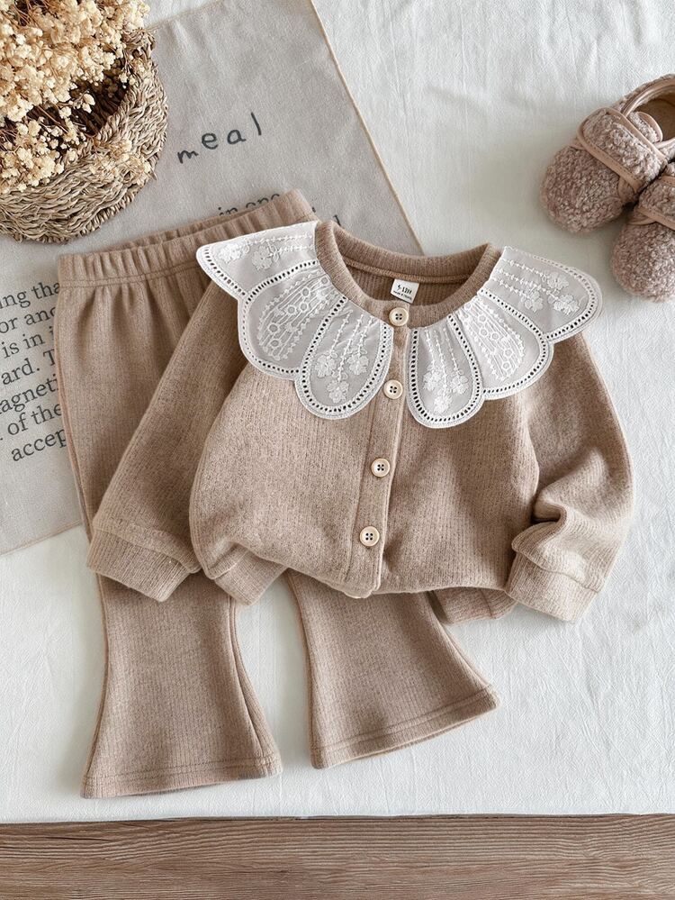 SHEIN Girls' Autumn/Winter Premium Big Collar Knit Cardigan & Flared Long Pants Set, Versatile Outfit For Outings, Holiday Parties, Gatherings And Photos - Khaki - View 3