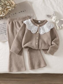 SHEIN طقم بناتي للخريف/الشتاء من كارديجان محبوك بياقة كبيرة فاخرة وبنطلون طويل واسع، إطلالة متعددة الاستخدامات للخروجات وحفلات العطلات والتجمعات والتصوير - كاكي - مشاهدة 4