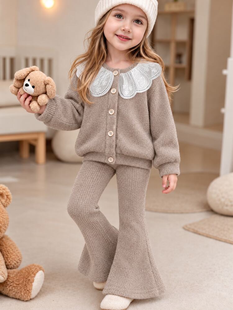 SHEIN Girls' Autumn/Winter Premium Big Collar Knit Cardigan & Flared Long Pants Set, Versatile Outfit For Outings, Holiday Parties, Gatherings And Photos - Khaki - View 1
