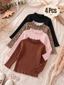 SHEIN 4件組女童秋季羅紋素色黑色與嬰兒粉荷葉邊長袖上衣，可愛T恤內搭衫，百搭仙女牛仔風時尚海灘泳裝 - 彩色 - 查看 1