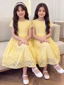 Tween Girls Sweet Style Yellow Lace A-Line Cap Sleeve Mini Dress, Lightweight For Spring, Graduation, Vacation, Outfit - Yellow - View 2