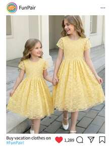 Tween Girls Sweet Style Yellow Lace A-Line Cap Sleeve Mini Dress, Lightweight For Spring, Graduation, Vacation, Outfit - Yellow - View 10