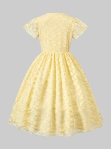 Tween Girls Sweet Style Yellow Lace A-Line Cap Sleeve Mini Dress, Lightweight For Spring, Graduation, Vacation, Outfit - Yellow - View 5