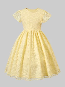 Tween Girls Sweet Style Yellow Lace A-Line Cap Sleeve Mini Dress, Lightweight For Spring, Graduation, Vacation, Outfit - Yellow - View 4