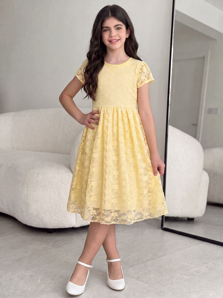 Tween Girls Sweet Style Yellow Lace A-Line Cap Sleeve Mini Dress, Lightweight For Spring, Graduation, Vacation, Outfit - Yellow - View 1