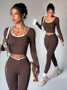 StreetHx Women's 2 Pieces Faux Layered Long Sleeve Top And Pants Casual Daily Sports Set - Multicolor - View 1