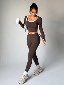 StreetHx Women's 2 Pieces Faux Layered Long Sleeve Top And Pants Casual Daily Sports Set - Multicolor - View 5